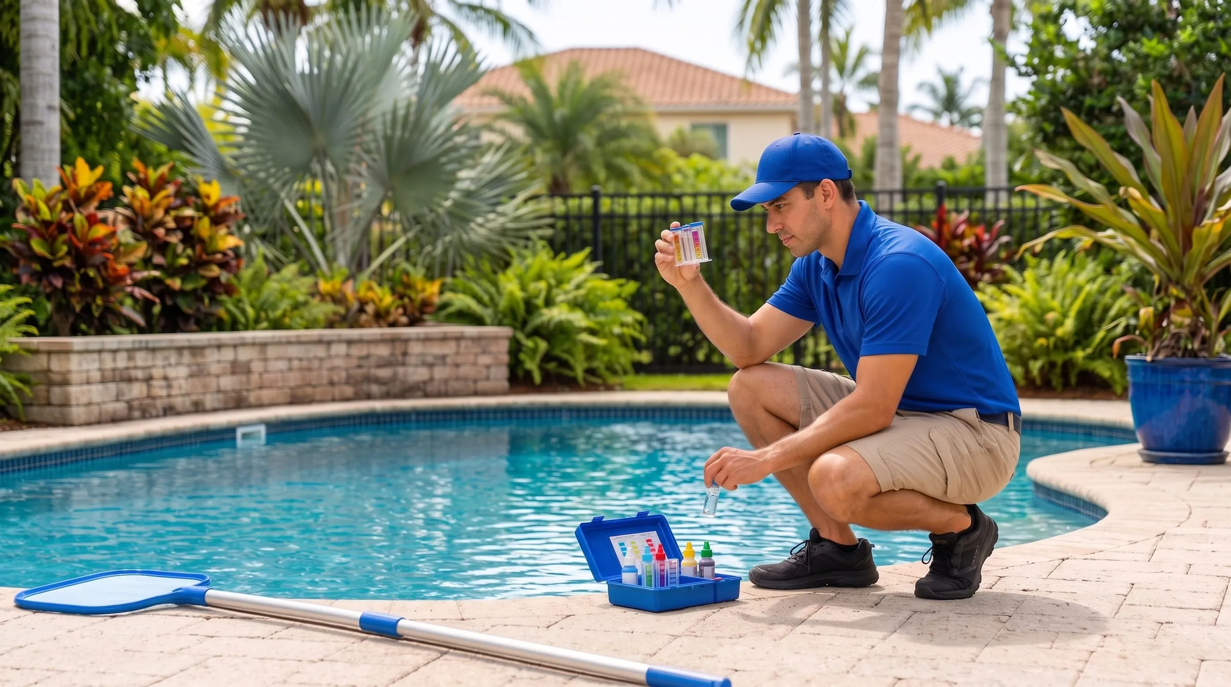 A pool technician in a blue cap and polo crouching at the edge of a sunlit backyard pool, holding up a water-test vial to read it, with his test kit and net on the deck beside him.